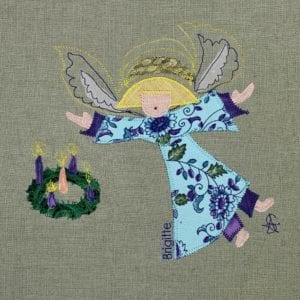 Angel: turquoise & purple floral robe with advent wreath on sage linen