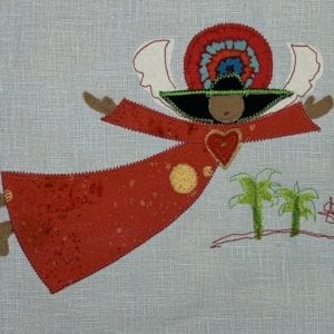 Angel: red speckled robe on pale blue linen with palm trees