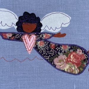 Angel: rose floral robe on French blue linen