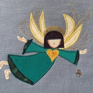 Angel: bottle green robe on French blue linen