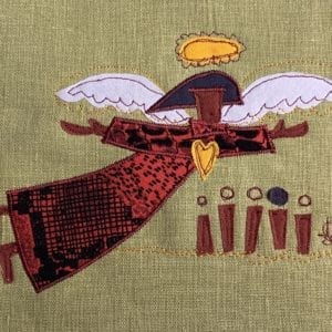 Angel: black & red patterned robe on mustard green linen