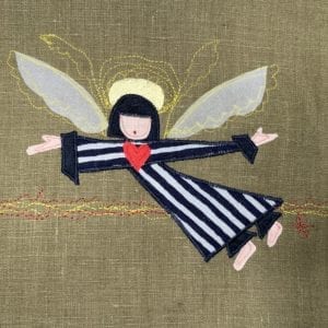 Angel: black & grey striped robe on olive linen