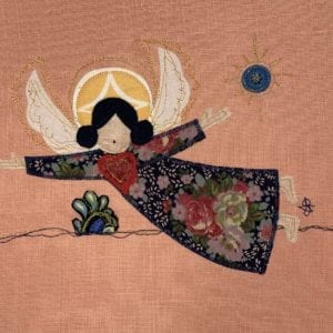 Angel: rose floral robe on peach linen