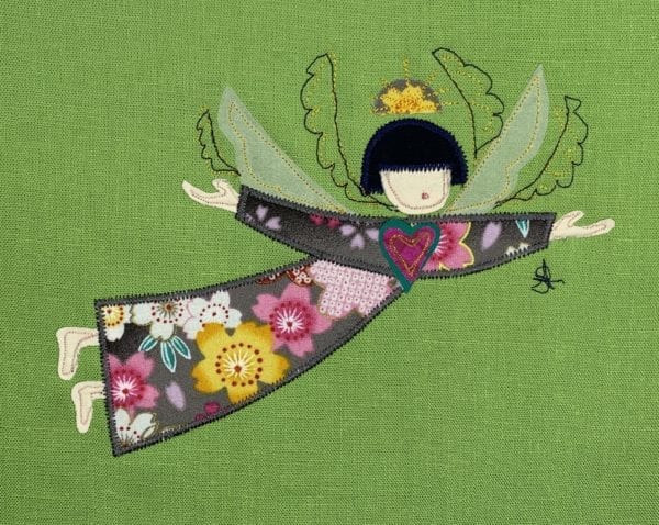 Angel: Japanese type floral robe on lime green linen